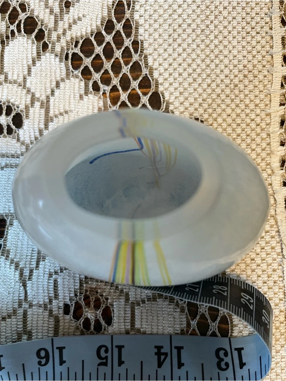 Kosta Boda White Glass Vase with Yellow and Blue Stripe Accents